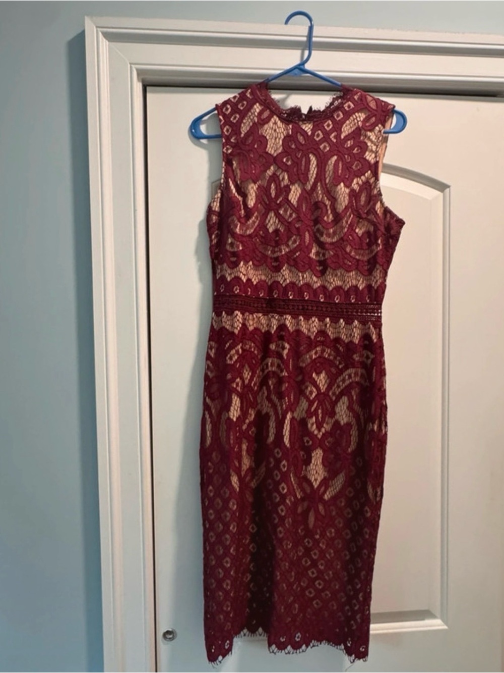 Lulu's Burgundy Lace Sheath Dress with Nude Lining